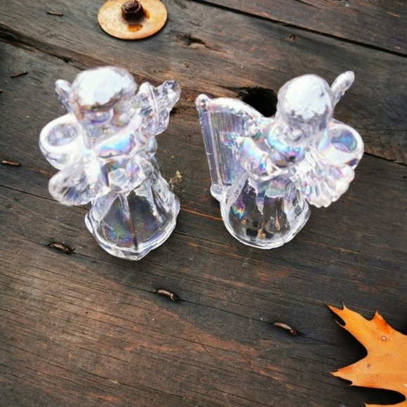 Pair of Iridescent Glass Angels Cherubs Playing Instruments Candle Holders - Picture 5 of 16
